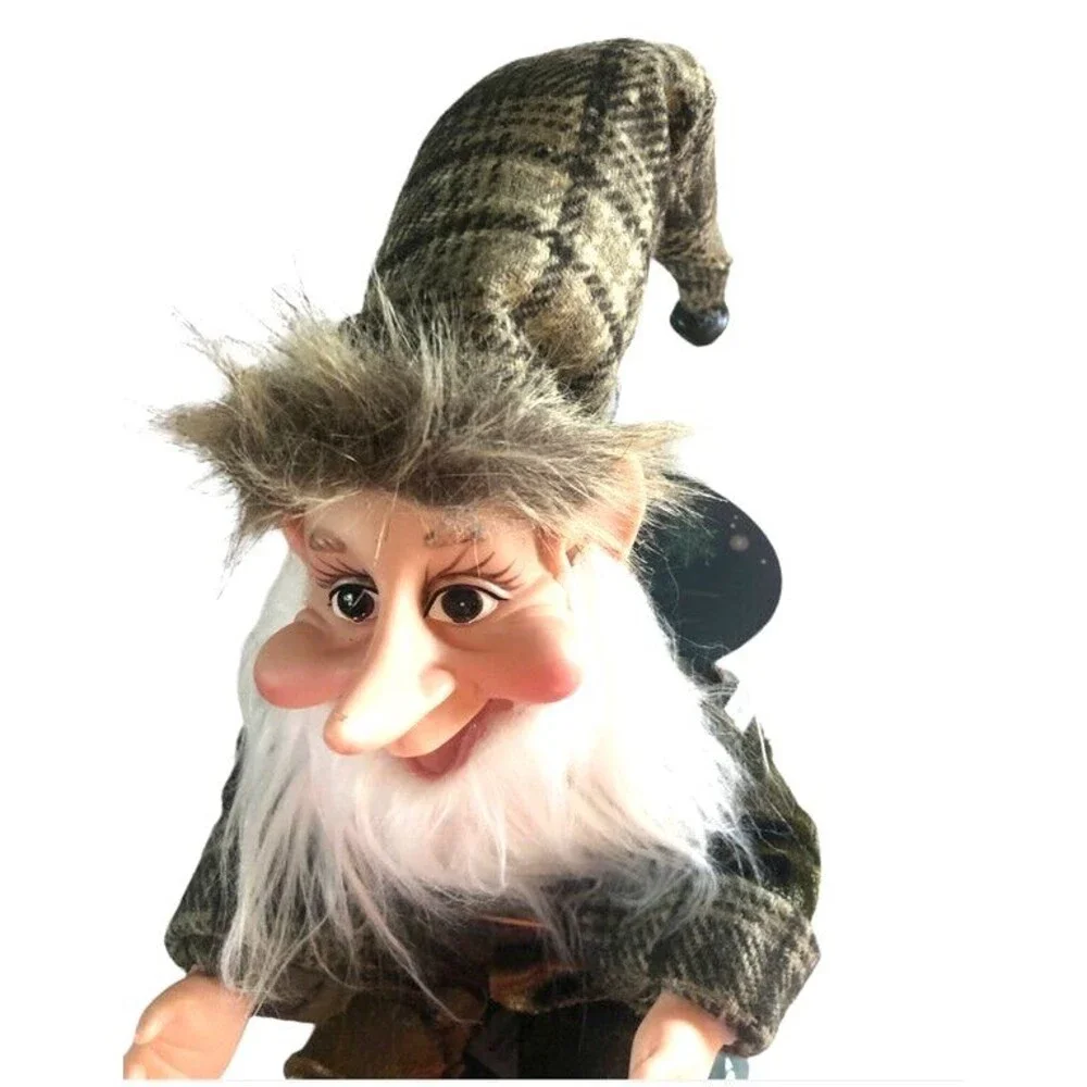 Christmas Pixie Elf Doll Gnome Gold Braid Trim Posable Hanging Bells Brown Plaid